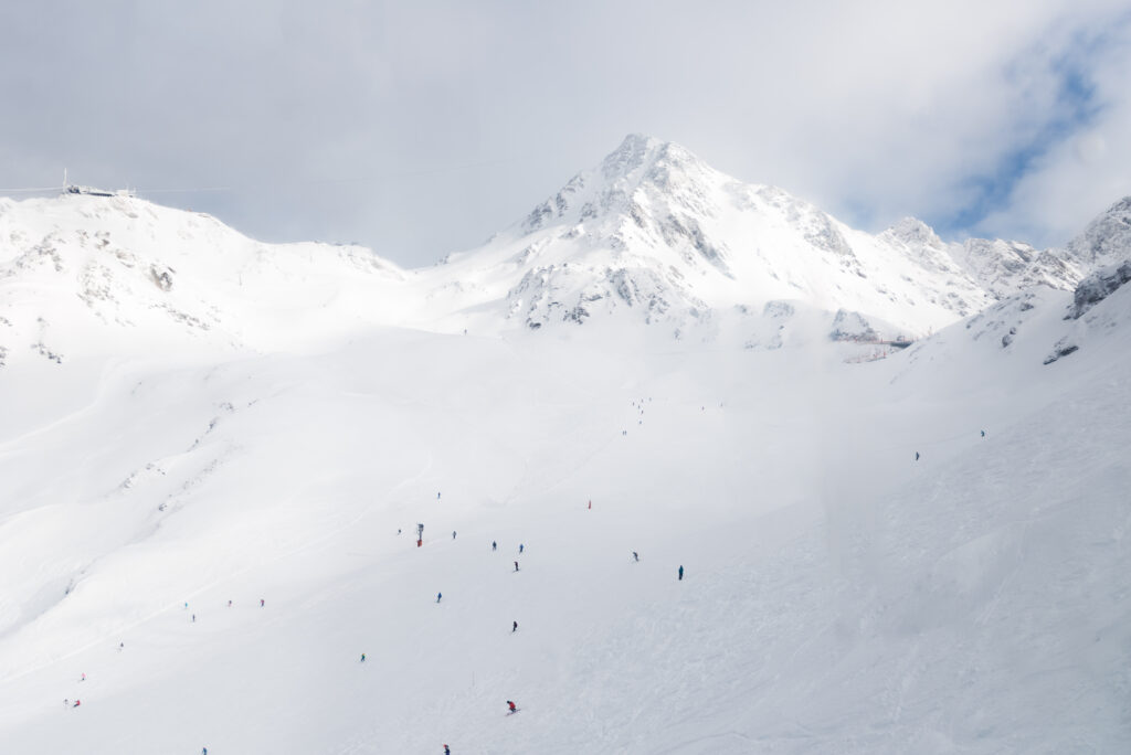 Beautiful view on the valley in ski resort in Swiss Alps near Restaurant Le Dahu, situated right at the bottom of the La Chaux snowpark, Verbier, Switzerland