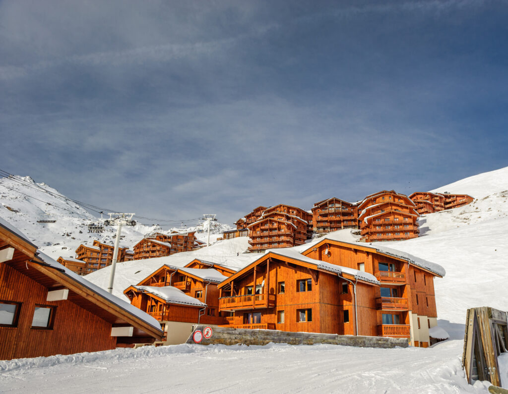 Mountain ski resort with snow in winter, Val Thorens, Alps, France