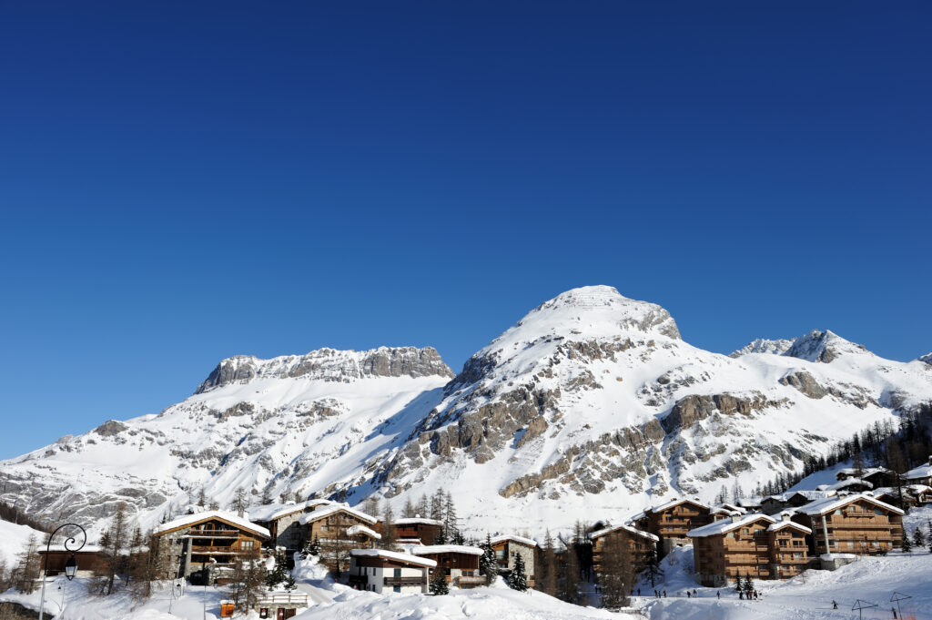Mountain ski resort with snow in winter, Val-d'Isere, Alps, France